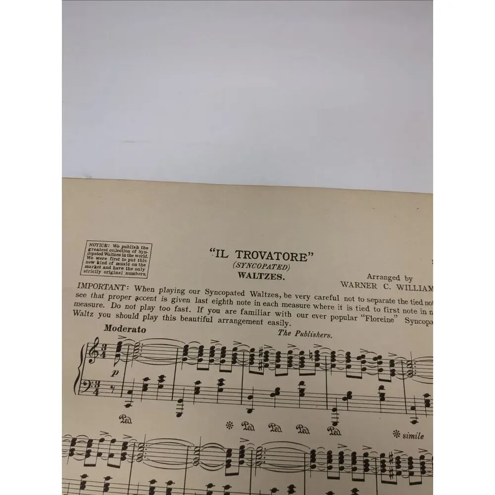 1912 Syncopated Waltz Arrangement‎ of IL Trovatore Sheet Music